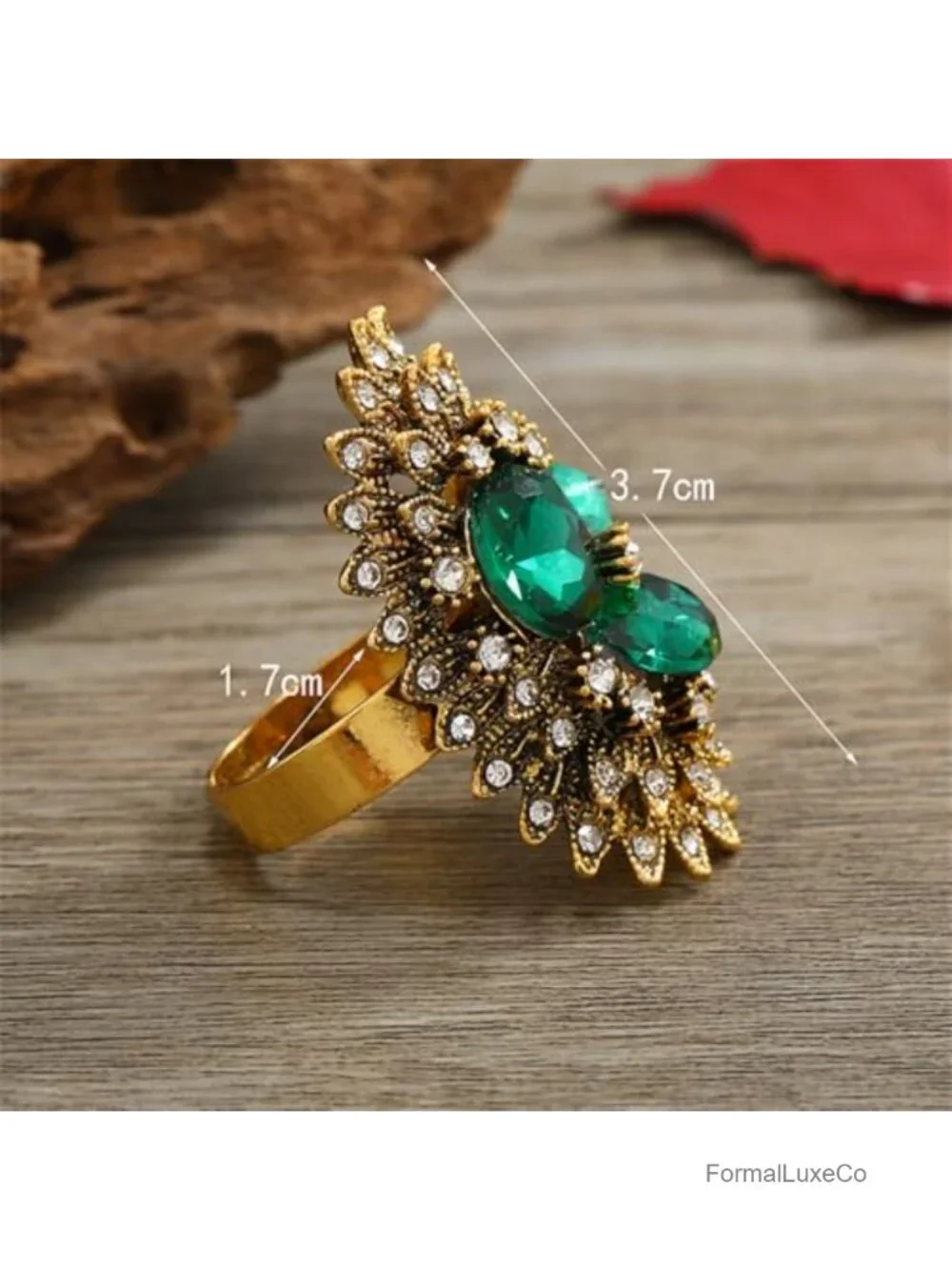 Adjustable Wide Wrap Statement Ring - Gold Tone CZ Oval Flower Rhinestone